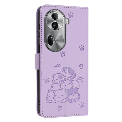 OPPO Reno11 Pro Embossed Kitten PU Leather Wallet Case with Card Slots, Cash Pocket, Kickstand Function, Wrist Lanyard Strap, Full Protective TPU Flip Cover