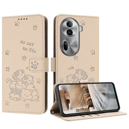 OPPO Reno11 Pro Embossed Kitten PU Leather Wallet Case with Card Slots, Cash Pocket, Kickstand Function, Wrist Lanyard Strap, Full Protective TPU Flip Cover