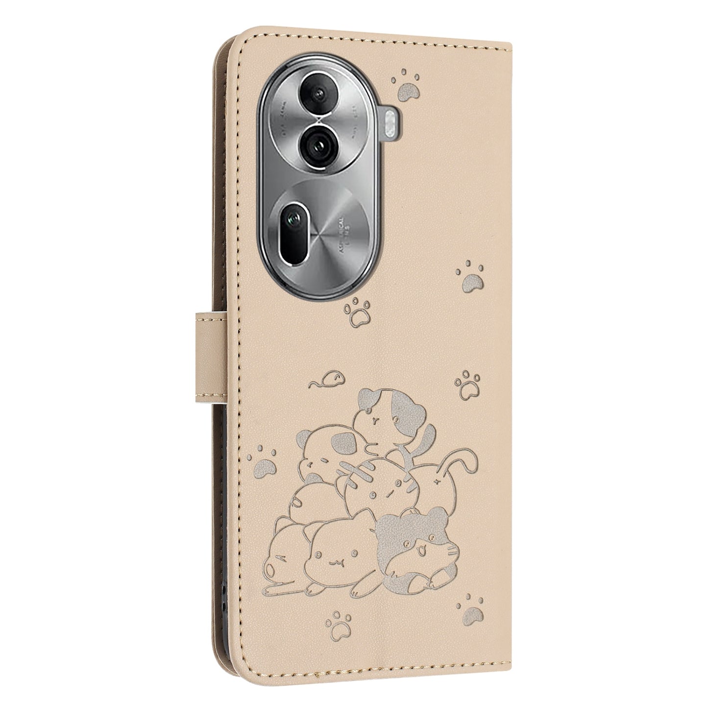 OPPO Reno11 Pro Embossed Kitten PU Leather Wallet Case with Card Slots, Cash Pocket, Kickstand Function, Wrist Lanyard Strap, Full Protective TPU Flip Cover