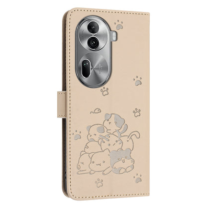 OPPO Reno11 Pro Embossed Kitten PU Leather Wallet Case with Card Slots, Cash Pocket, Kickstand Function, Wrist Lanyard Strap, Full Protective TPU Flip Cover