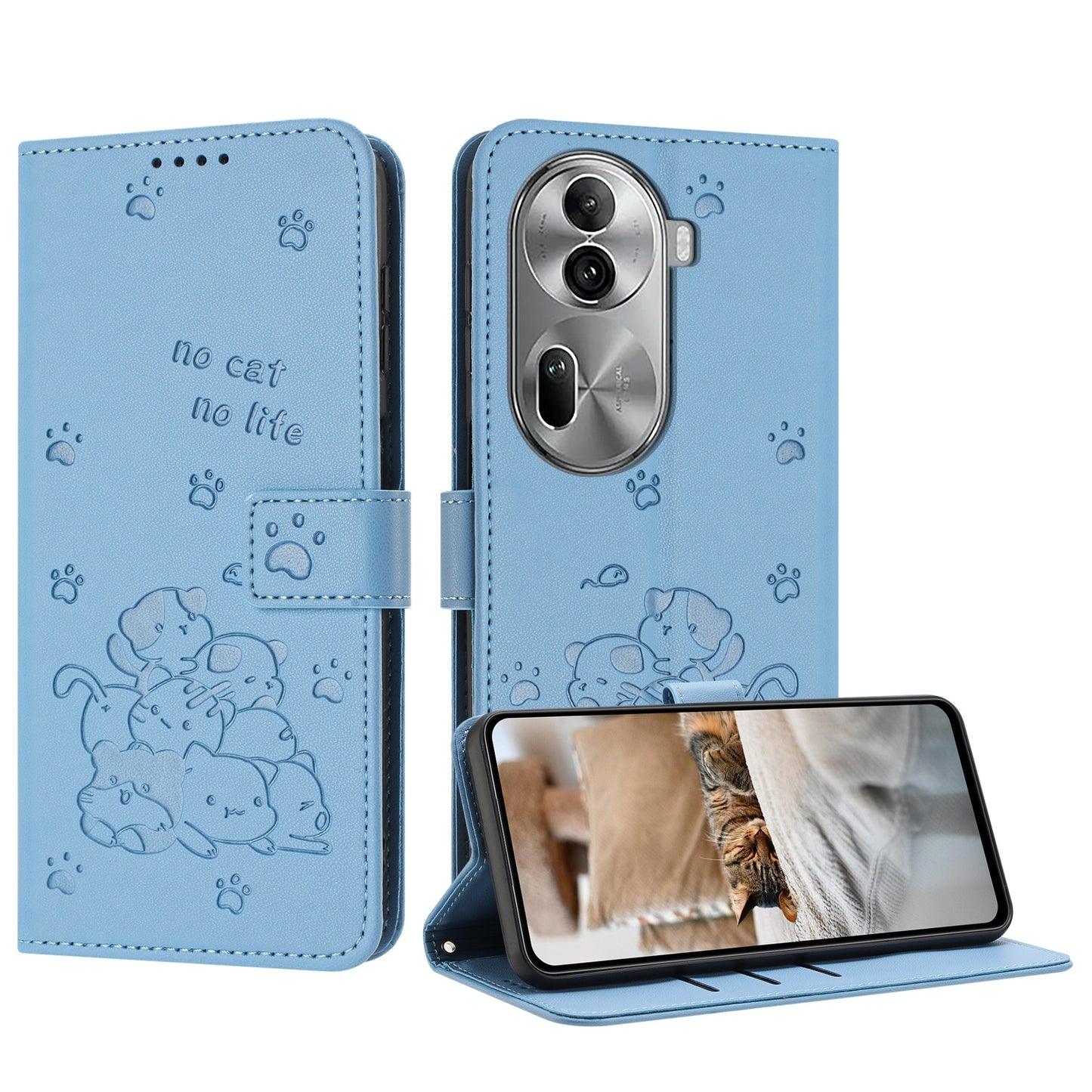 OPPO Reno11 Pro Embossed Kitten PU Leather Wallet Case with Card Slots, Cash Pocket, Kickstand Function, Wrist Lanyard Strap, Full Protective TPU Flip Cover