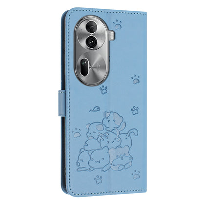 OPPO Reno11 Pro Embossed Kitten PU Leather Wallet Case with Card Slots, Cash Pocket, Kickstand Function, Wrist Lanyard Strap, Full Protective TPU Flip Cover