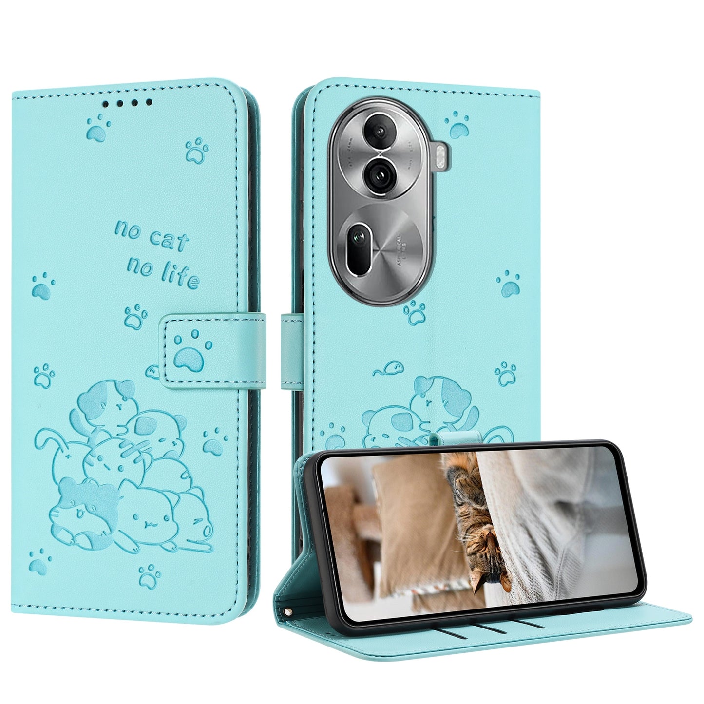OPPO Reno11 Pro Embossed Kitten PU Leather Wallet Case with Card Slots, Cash Pocket, Kickstand Function, Wrist Lanyard Strap, Full Protective TPU Flip Cover