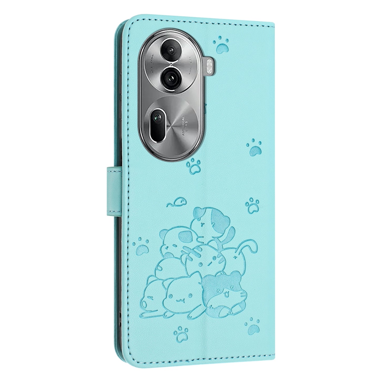 OPPO Reno11 Pro Embossed Kitten PU Leather Wallet Case with Card Slots, Cash Pocket, Kickstand Function, Wrist Lanyard Strap, Full Protective TPU Flip Cover