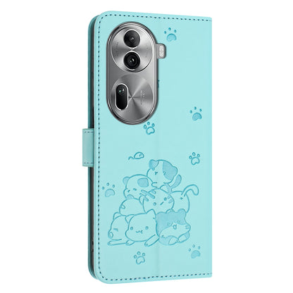 OPPO Reno11 Pro Embossed Kitten PU Leather Wallet Case with Card Slots, Cash Pocket, Kickstand Function, Wrist Lanyard Strap, Full Protective TPU Flip Cover