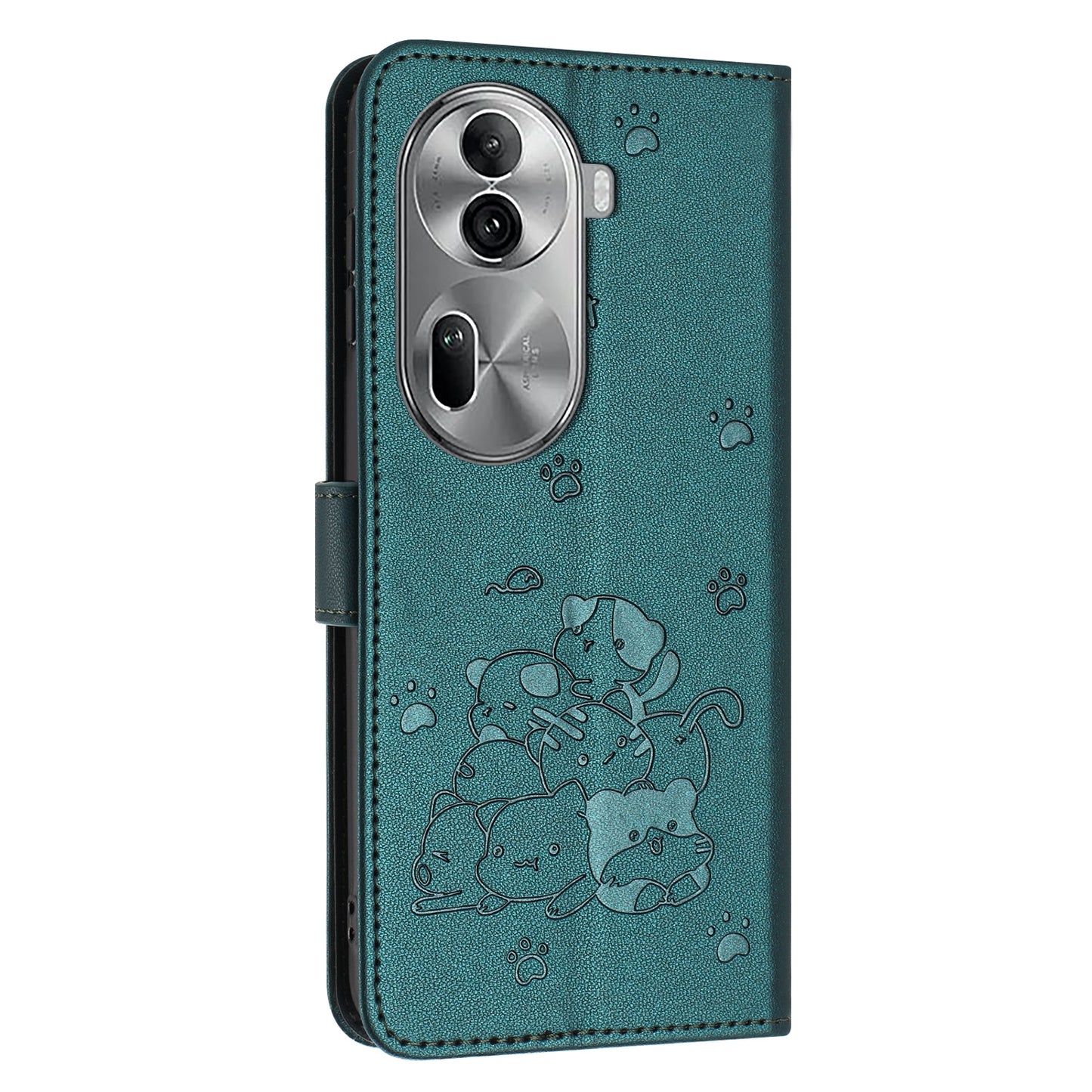 OPPO Reno11 Pro Embossed Kitten PU Leather Wallet Case with Card Slots, Cash Pocket, Kickstand Function, Wrist Lanyard Strap, Full Protective TPU Flip Cover
