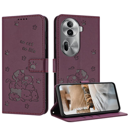 OPPO Reno11 Pro Embossed Kitten PU Leather Wallet Case with Card Slots, Cash Pocket, Kickstand Function, Wrist Lanyard Strap, Full Protective TPU Flip Cover