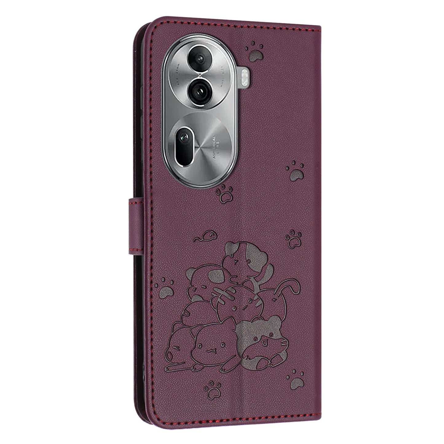 OPPO Reno11 Pro Embossed Kitten PU Leather Wallet Case with Card Slots, Cash Pocket, Kickstand Function, Wrist Lanyard Strap, Full Protective TPU Flip Cover