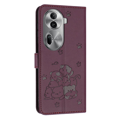 OPPO Reno11 Pro Embossed Kitten PU Leather Wallet Case with Card Slots, Cash Pocket, Kickstand Function, Wrist Lanyard Strap, Full Protective TPU Flip Cover