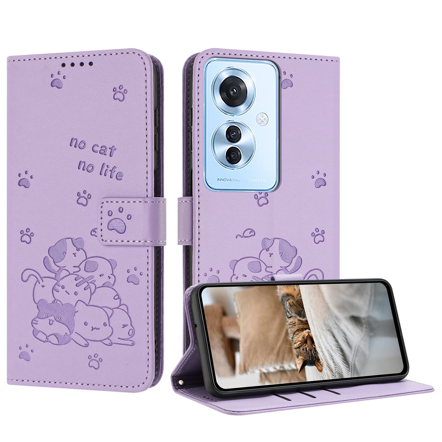 OPPO Reno11 F Embossed Kitten PU Leather Wallet Case with Card Slots, Cash Pocket, Kickstand Function, Wrist Lanyard Strap, Full Protective TPU Flip Cover