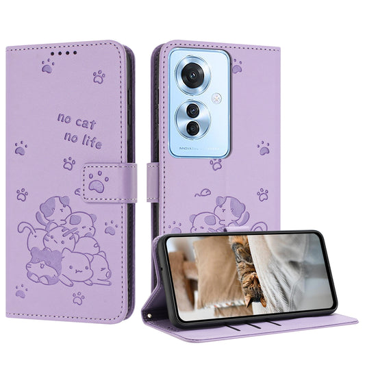 OPPO Reno11 F Embossed Kitten PU Leather Wallet Case with Card Slots, Cash Pocket, Kickstand Function, Wrist Lanyard Strap, Full Protective TPU Flip Cover