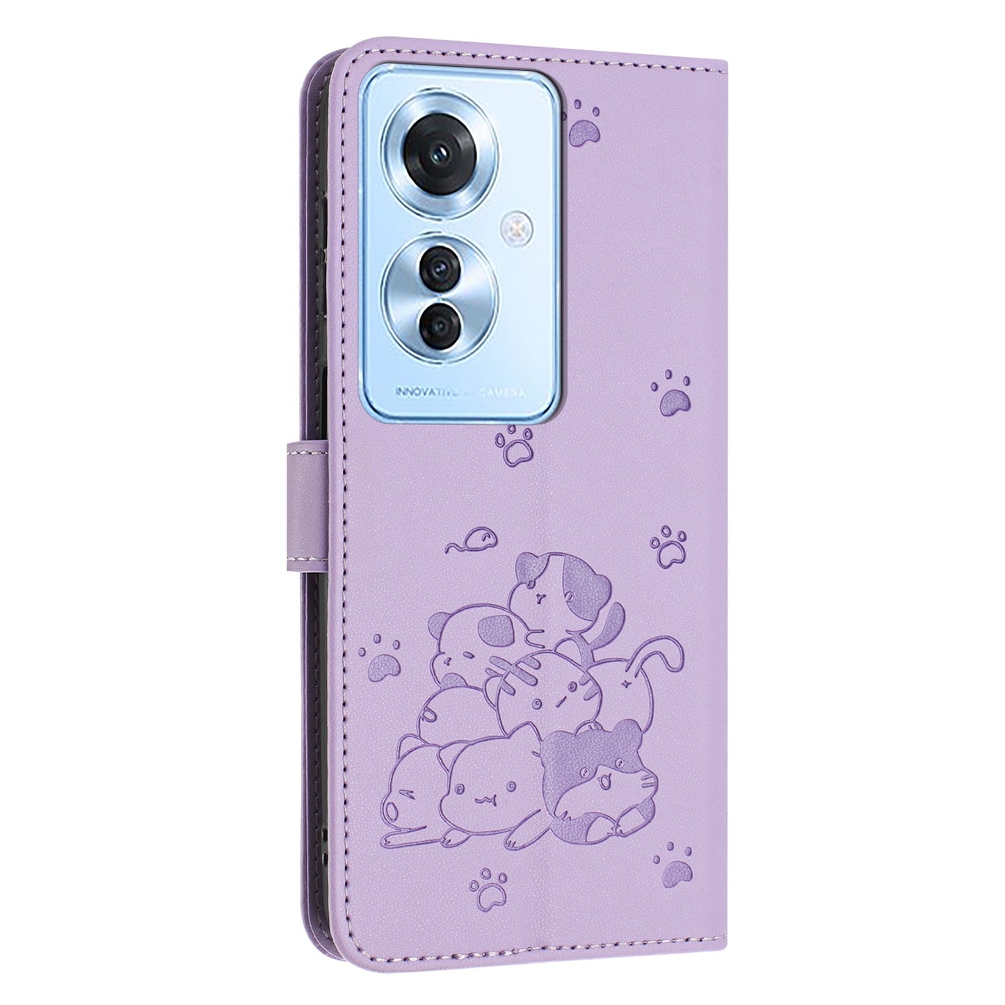 OPPO Reno11 F Embossed Kitten PU Leather Wallet Case with Card Slots, Cash Pocket, Kickstand Function, Wrist Lanyard Strap, Full Protective TPU Flip Cover
