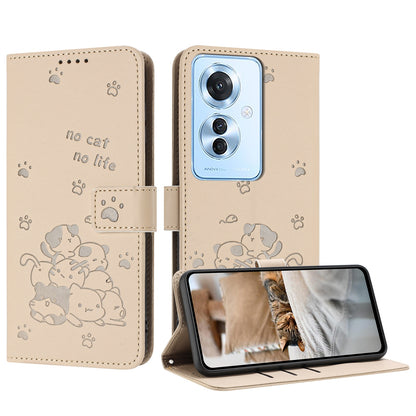 OPPO Reno11 F Embossed Kitten PU Leather Wallet Case with Card Slots, Cash Pocket, Kickstand Function, Wrist Lanyard Strap, Full Protective TPU Flip Cover