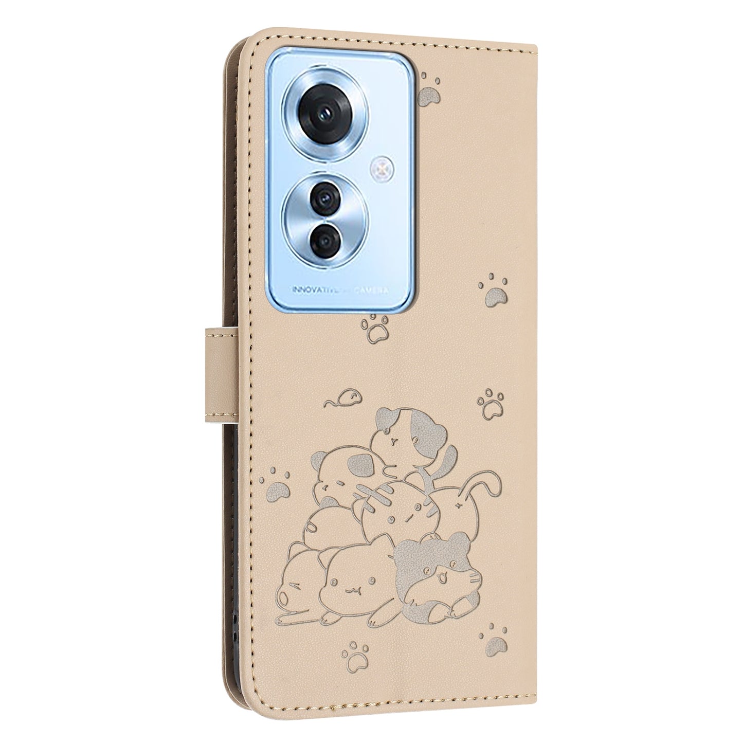 OPPO Reno11 F Embossed Kitten PU Leather Wallet Case with Card Slots, Cash Pocket, Kickstand Function, Wrist Lanyard Strap, Full Protective TPU Flip Cover