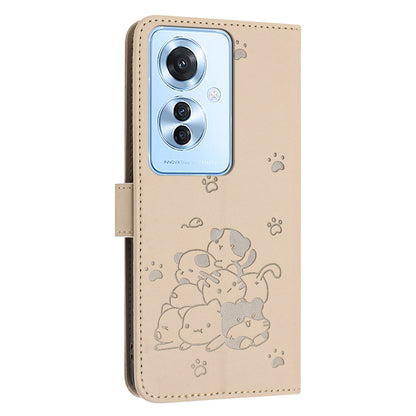 OPPO Reno11 F Embossed Kitten PU Leather Wallet Case with Card Slots, Cash Pocket, Kickstand Function, Wrist Lanyard Strap, Full Protective TPU Flip Cover