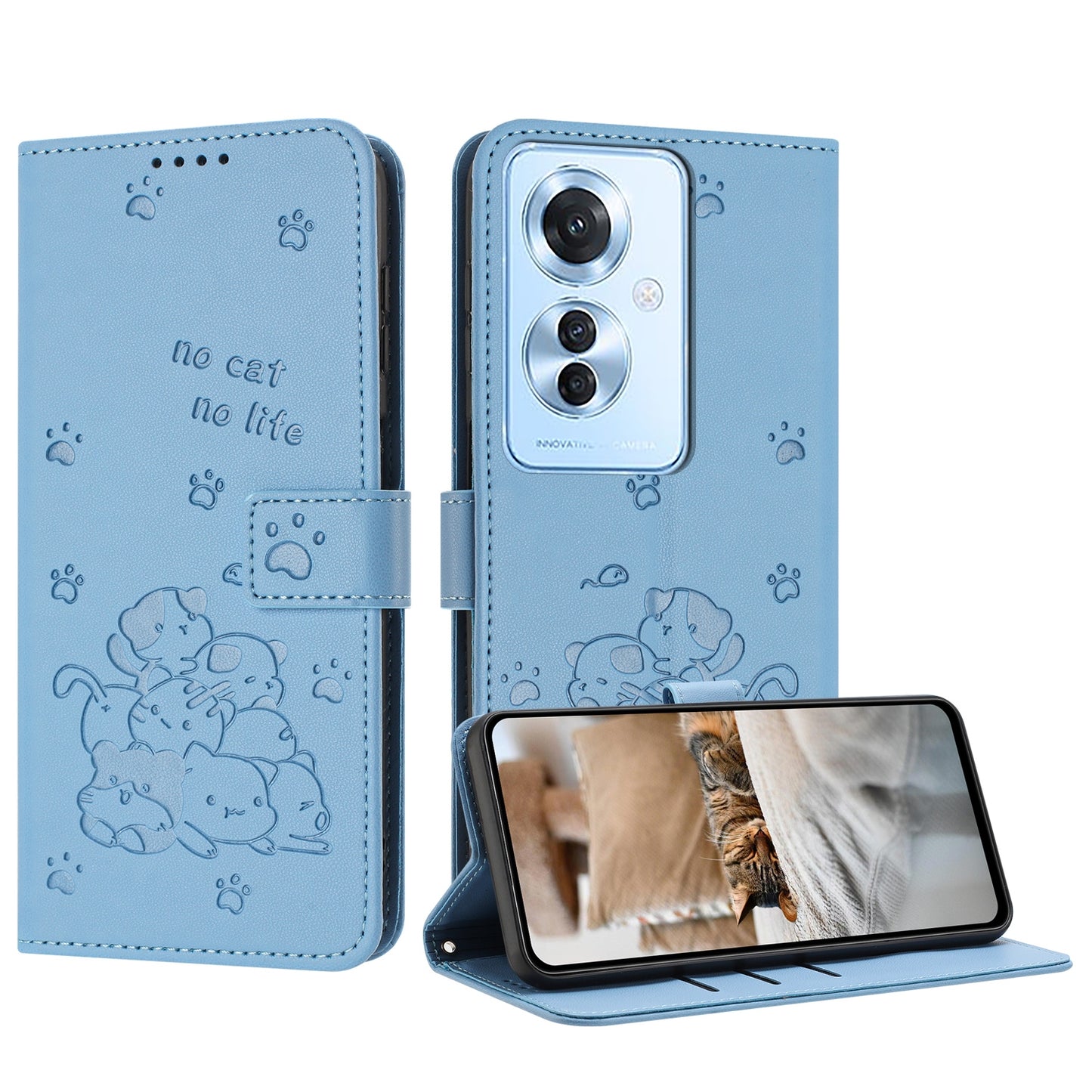 OPPO Reno11 F Embossed Kitten PU Leather Wallet Case with Card Slots, Cash Pocket, Kickstand Function, Wrist Lanyard Strap, Full Protective TPU Flip Cover