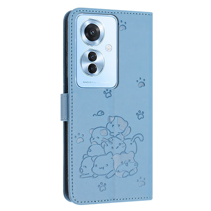 OPPO Reno11 F Embossed Kitten PU Leather Wallet Case with Card Slots, Cash Pocket, Kickstand Function, Wrist Lanyard Strap, Full Protective TPU Flip Cover