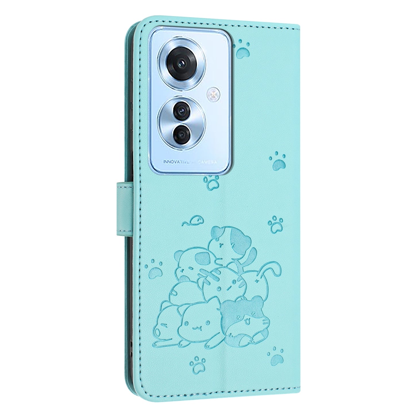 OPPO Reno11 F Embossed Kitten PU Leather Wallet Case with Card Slots, Cash Pocket, Kickstand Function, Wrist Lanyard Strap, Full Protective TPU Flip Cover