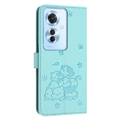 OPPO Reno11 F Embossed Kitten PU Leather Wallet Case with Card Slots, Cash Pocket, Kickstand Function, Wrist Lanyard Strap, Full Protective TPU Flip Cover