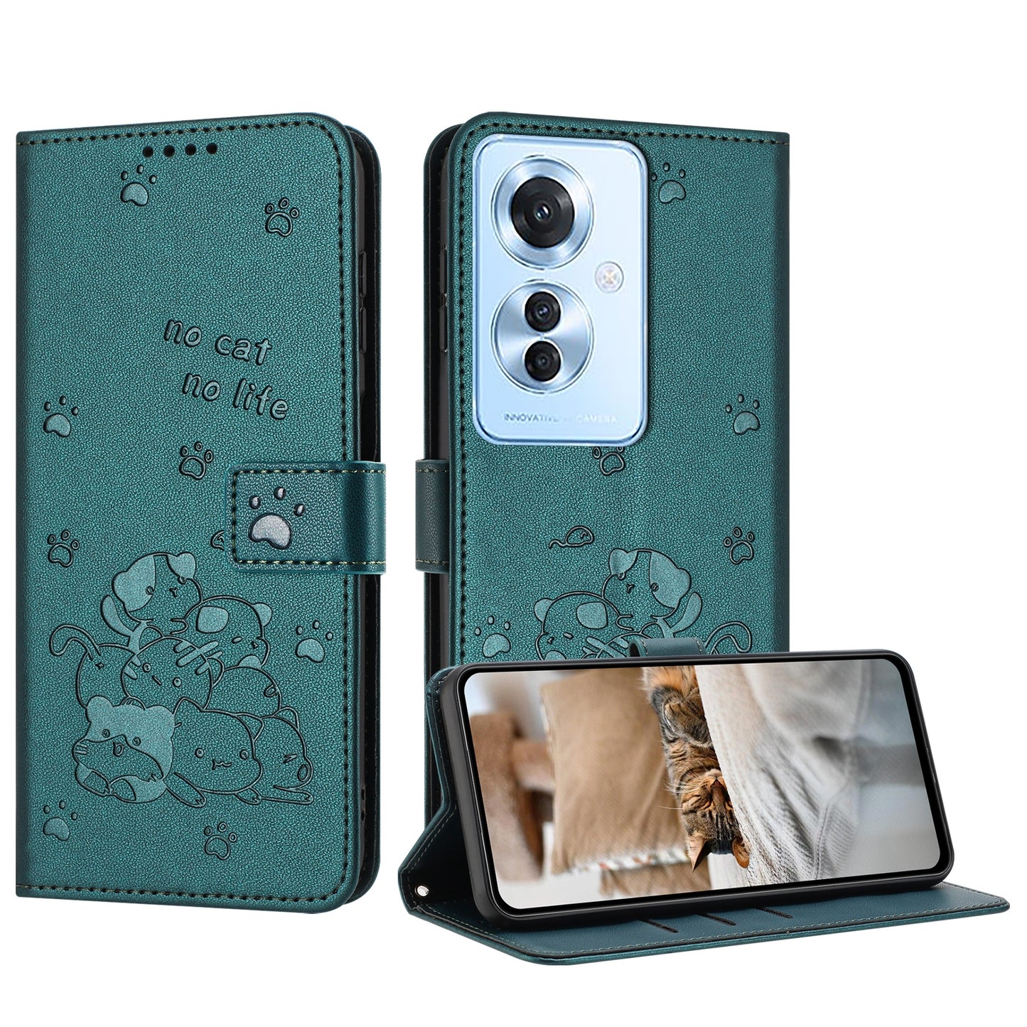 OPPO Reno11 F Embossed Kitten PU Leather Wallet Case with Card Slots, Cash Pocket, Kickstand Function, Wrist Lanyard Strap, Full Protective TPU Flip Cover