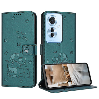 OPPO Reno11 F Embossed Kitten PU Leather Wallet Case with Card Slots, Cash Pocket, Kickstand Function, Wrist Lanyard Strap, Full Protective TPU Flip Cover