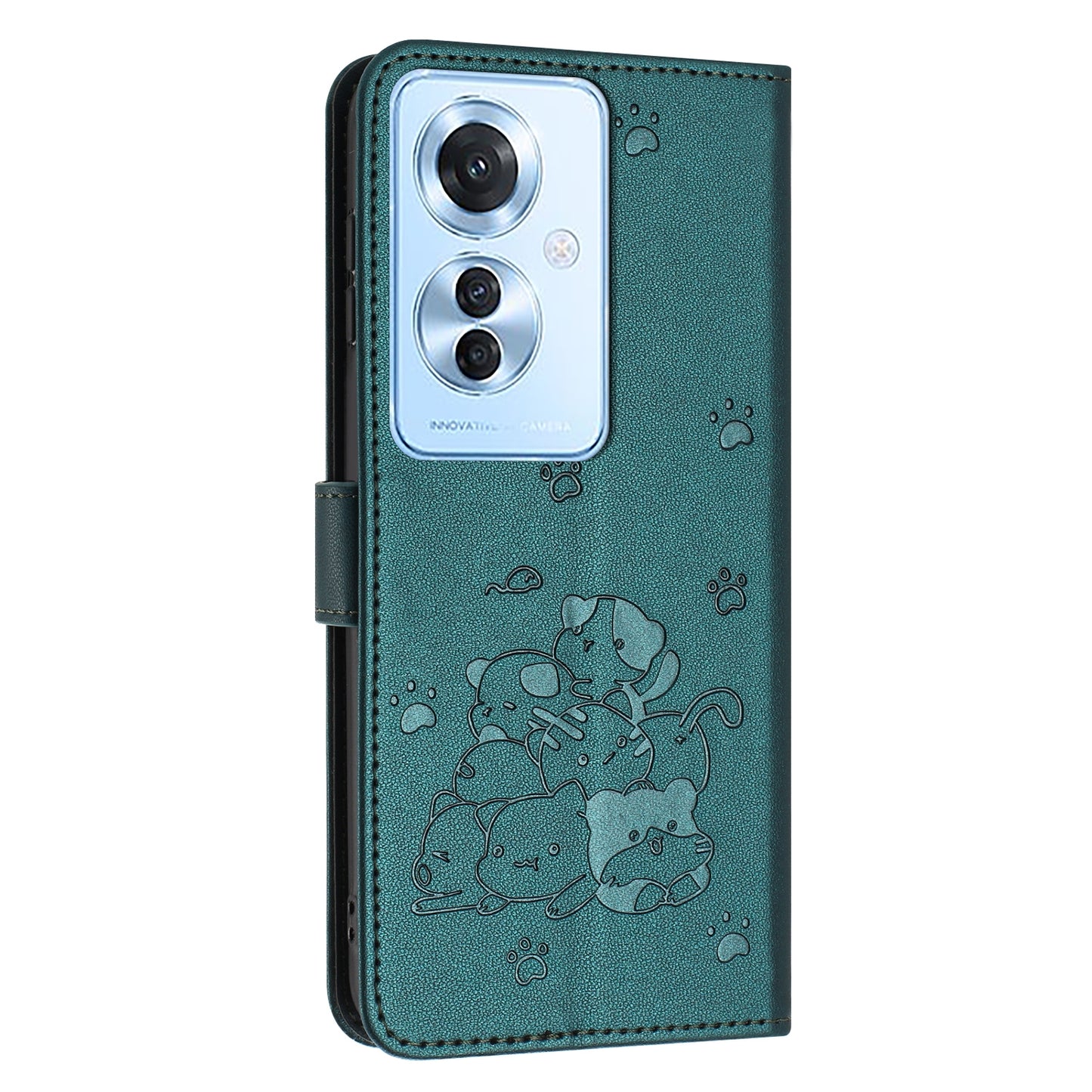 OPPO Reno11 F Embossed Kitten PU Leather Wallet Case with Card Slots, Cash Pocket, Kickstand Function, Wrist Lanyard Strap, Full Protective TPU Flip Cover