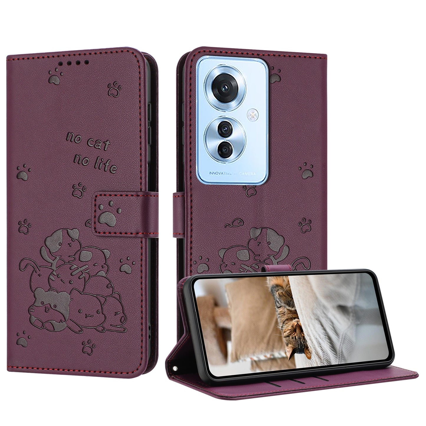 OPPO Reno11 F Embossed Kitten PU Leather Wallet Case with Card Slots, Cash Pocket, Kickstand Function, Wrist Lanyard Strap, Full Protective TPU Flip Cover