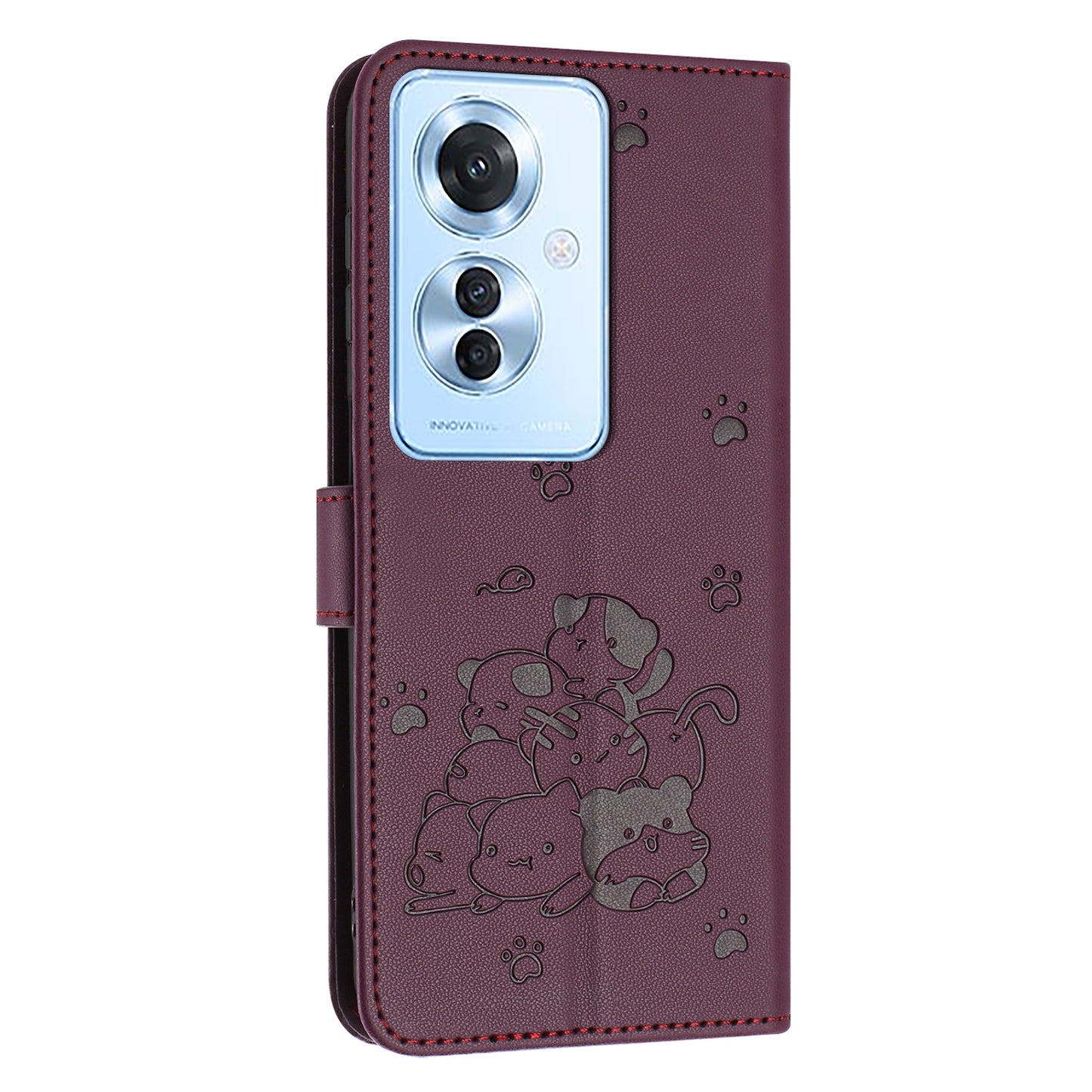 OPPO Reno11 F Embossed Kitten PU Leather Wallet Case with Card Slots, Cash Pocket, Kickstand Function, Wrist Lanyard Strap, Full Protective TPU Flip Cover