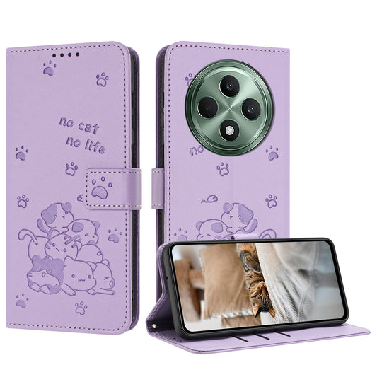 OPPO Reno12 F 5G Embossed Kitten PU Leather Wallet Case with Card Slots, Cash Pocket, Kickstand Function, Wrist Lanyard Strap, Full Protective TPU Flip Cover