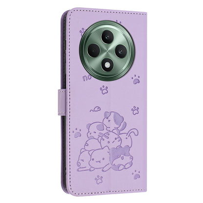 OPPO Reno12 F 5G Embossed Kitten PU Leather Wallet Case with Card Slots, Cash Pocket, Kickstand Function, Wrist Lanyard Strap, Full Protective TPU Flip Cover