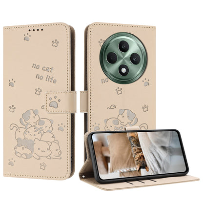 OPPO Reno12 F 5G Embossed Kitten PU Leather Wallet Case with Card Slots, Cash Pocket, Kickstand Function, Wrist Lanyard Strap, Full Protective TPU Flip Cover