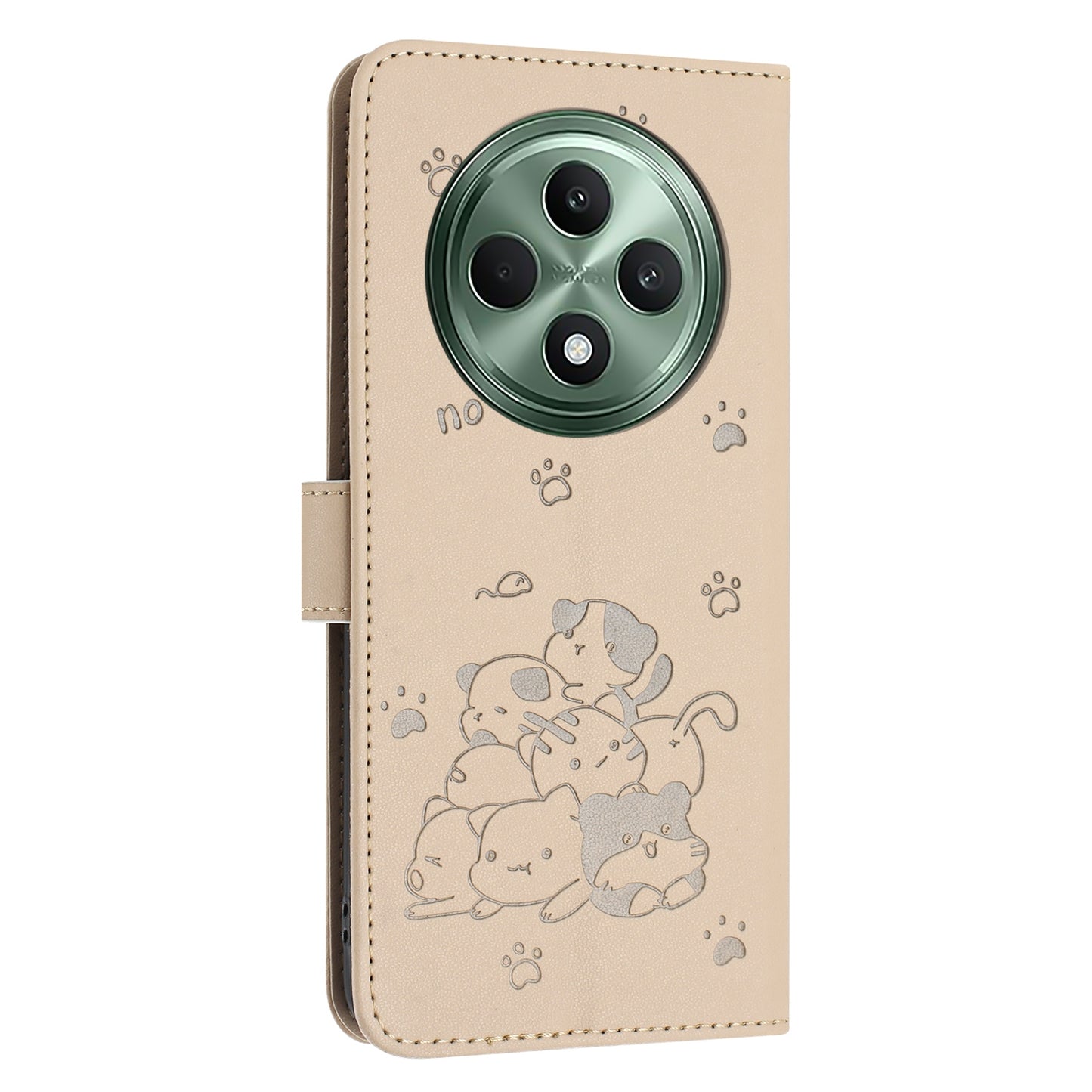 OPPO Reno12 F 5G Embossed Kitten PU Leather Wallet Case with Card Slots, Cash Pocket, Kickstand Function, Wrist Lanyard Strap, Full Protective TPU Flip Cover