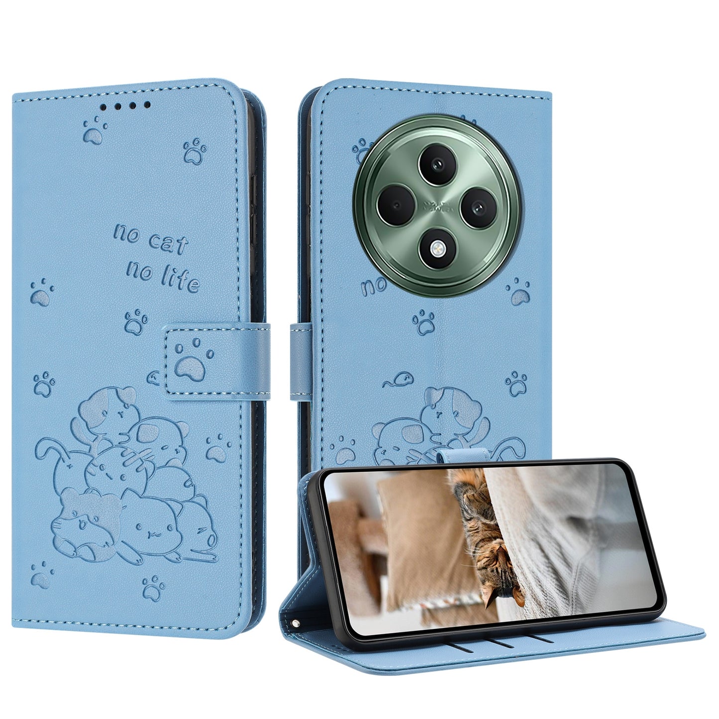 OPPO Reno12 F 5G Embossed Kitten PU Leather Wallet Case with Card Slots, Cash Pocket, Kickstand Function, Wrist Lanyard Strap, Full Protective TPU Flip Cover