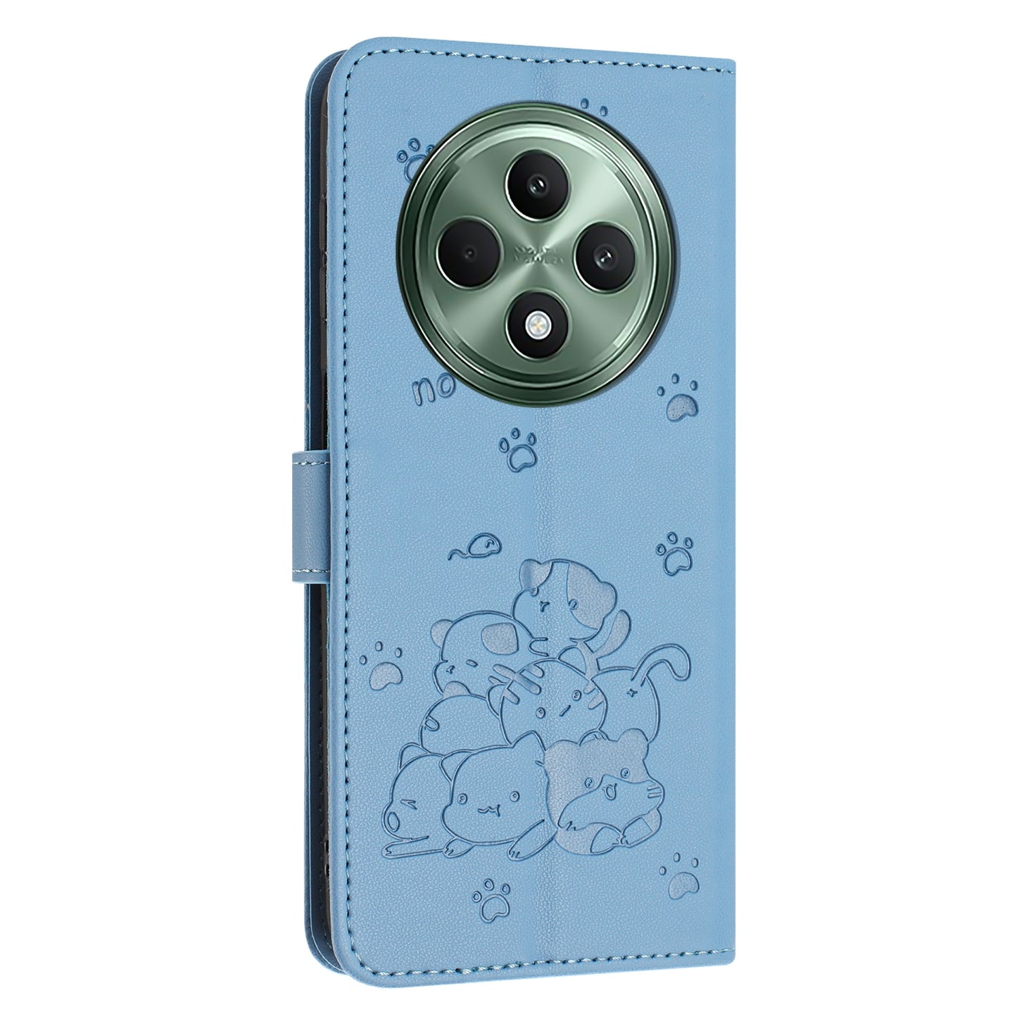 OPPO Reno12 F 5G Embossed Kitten PU Leather Wallet Case with Card Slots, Cash Pocket, Kickstand Function, Wrist Lanyard Strap, Full Protective TPU Flip Cover