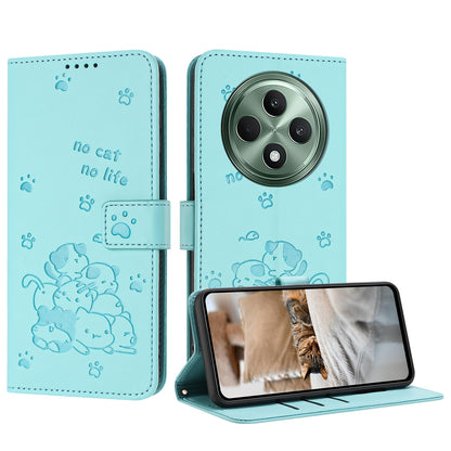 OPPO Reno12 F 5G Embossed Kitten PU Leather Wallet Case with Card Slots, Cash Pocket, Kickstand Function, Wrist Lanyard Strap, Full Protective TPU Flip Cover