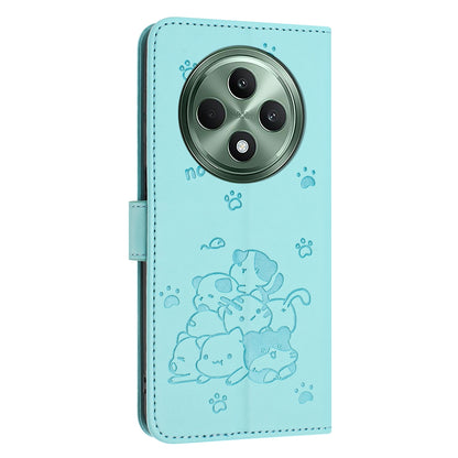 OPPO Reno12 F 5G Embossed Kitten PU Leather Wallet Case with Card Slots, Cash Pocket, Kickstand Function, Wrist Lanyard Strap, Full Protective TPU Flip Cover