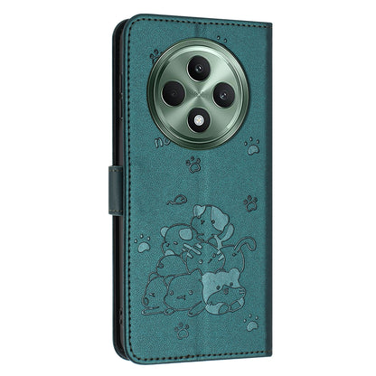 OPPO Reno12 F 5G Embossed Kitten PU Leather Wallet Case with Card Slots, Cash Pocket, Kickstand Function, Wrist Lanyard Strap, Full Protective TPU Flip Cover