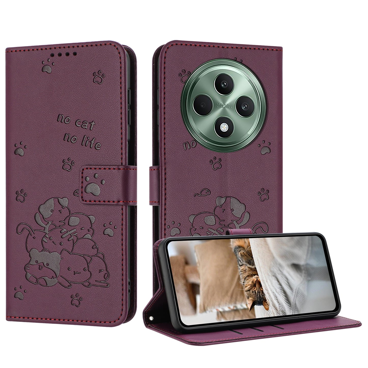 OPPO Reno12 F 5G Embossed Kitten PU Leather Wallet Case with Card Slots, Cash Pocket, Kickstand Function, Wrist Lanyard Strap, Full Protective TPU Flip Cover