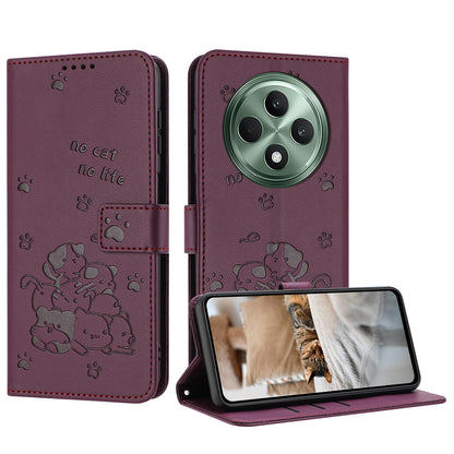 OPPO Reno12 F 5G Embossed Kitten PU Leather Wallet Case with Card Slots, Cash Pocket, Kickstand Function, Wrist Lanyard Strap, Full Protective TPU Flip Cover