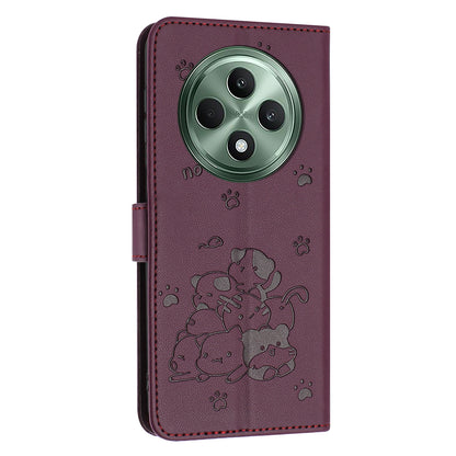 OPPO Reno12 F 5G Embossed Kitten PU Leather Wallet Case with Card Slots, Cash Pocket, Kickstand Function, Wrist Lanyard Strap, Full Protective TPU Flip Cover