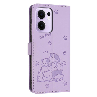 OPPO Reno13 F 4G Embossed Kitten PU Leather Wallet Case with Card Slots, Cash Pocket, Kickstand Function, Wrist Lanyard Strap, Full Protective TPU Flip Cover