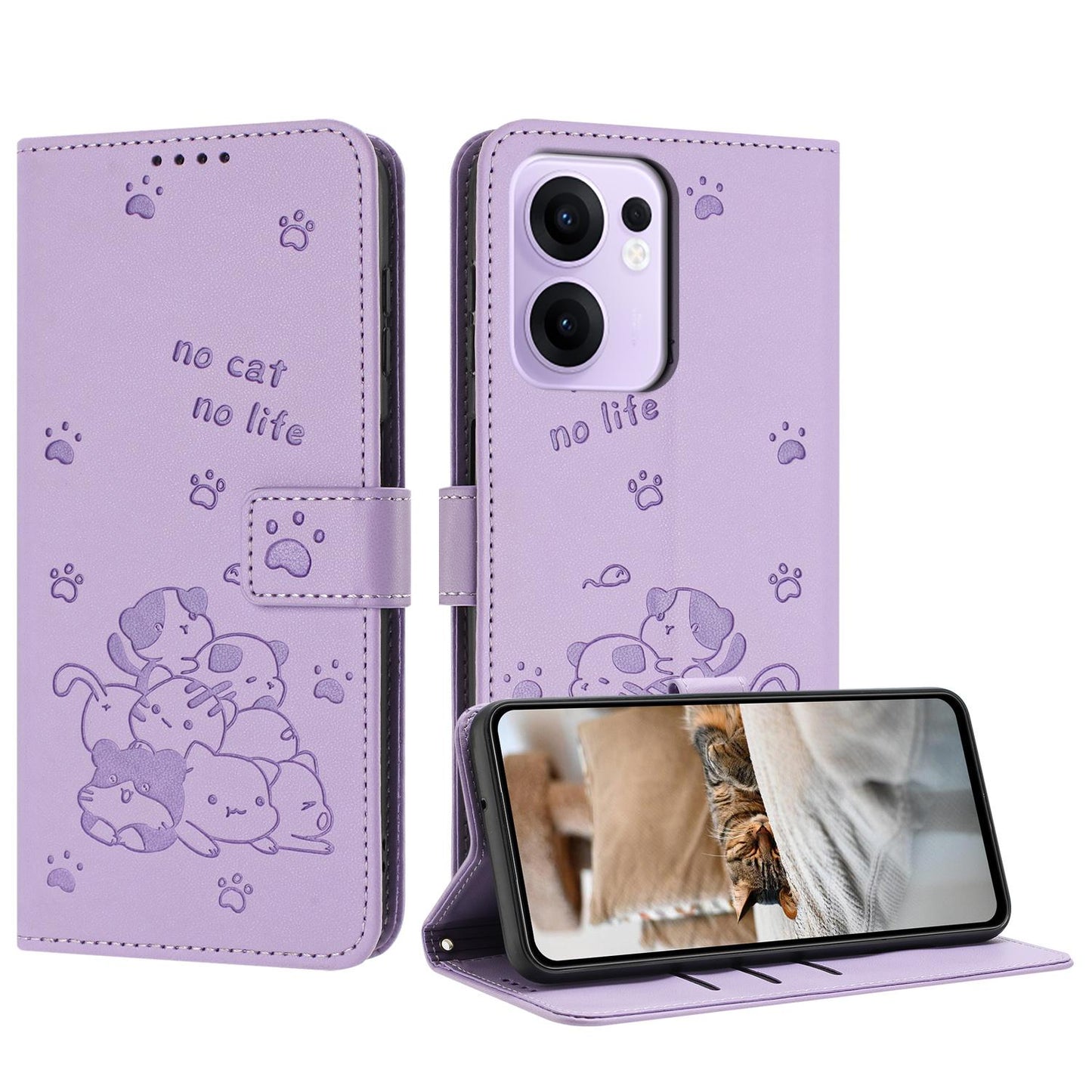 OPPO Reno13 F 4G Embossed Kitten PU Leather Wallet Case with Card Slots, Cash Pocket, Kickstand Function, Wrist Lanyard Strap, Full Protective TPU Flip Cover