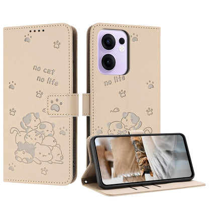 OPPO Reno13 F 4G Embossed Kitten PU Leather Wallet Case with Card Slots, Cash Pocket, Kickstand Function, Wrist Lanyard Strap, Full Protective TPU Flip Cover