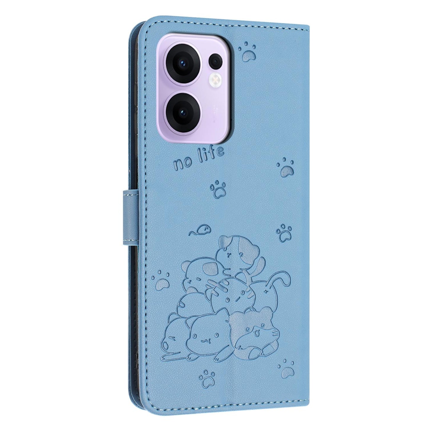 OPPO Reno13 F 4G Embossed Kitten PU Leather Wallet Case with Card Slots, Cash Pocket, Kickstand Function, Wrist Lanyard Strap, Full Protective TPU Flip Cover