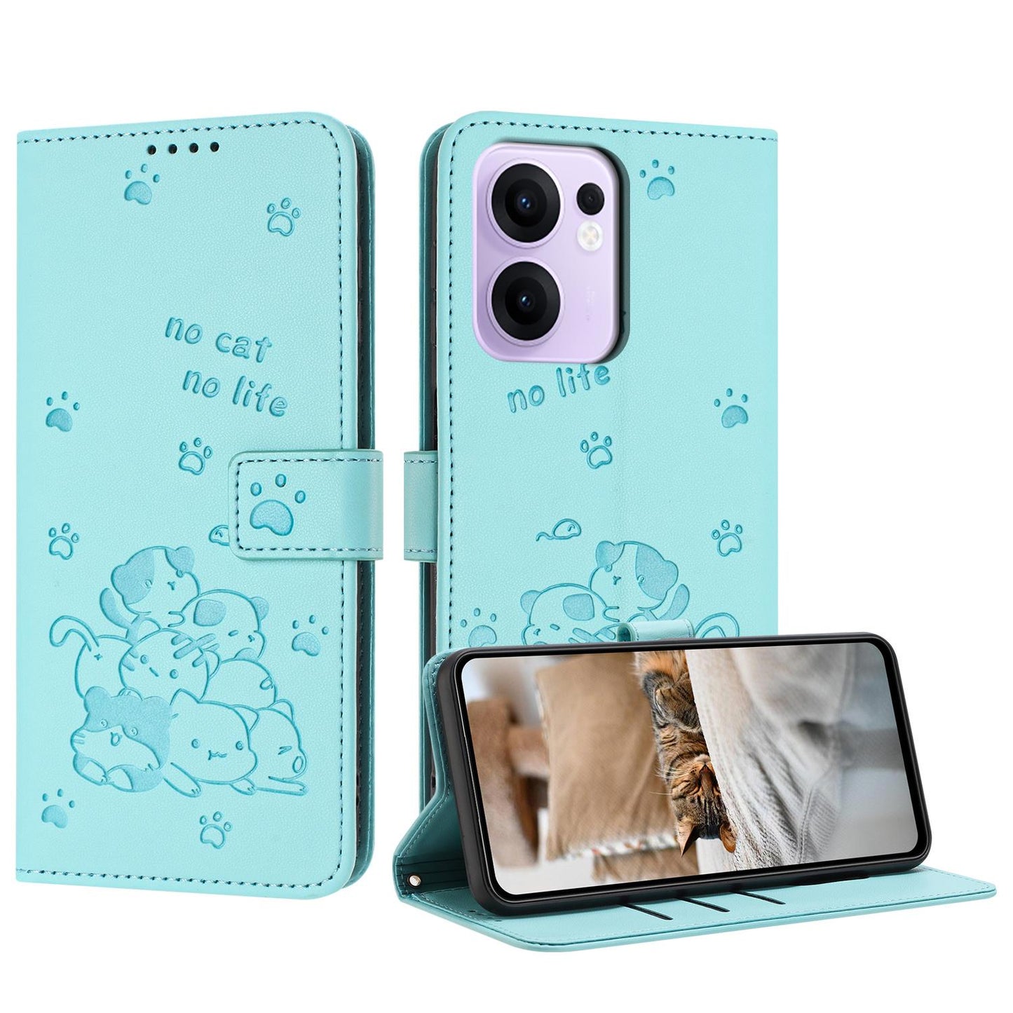 OPPO Reno13 F 4G Embossed Kitten PU Leather Wallet Case with Card Slots, Cash Pocket, Kickstand Function, Wrist Lanyard Strap, Full Protective TPU Flip Cover