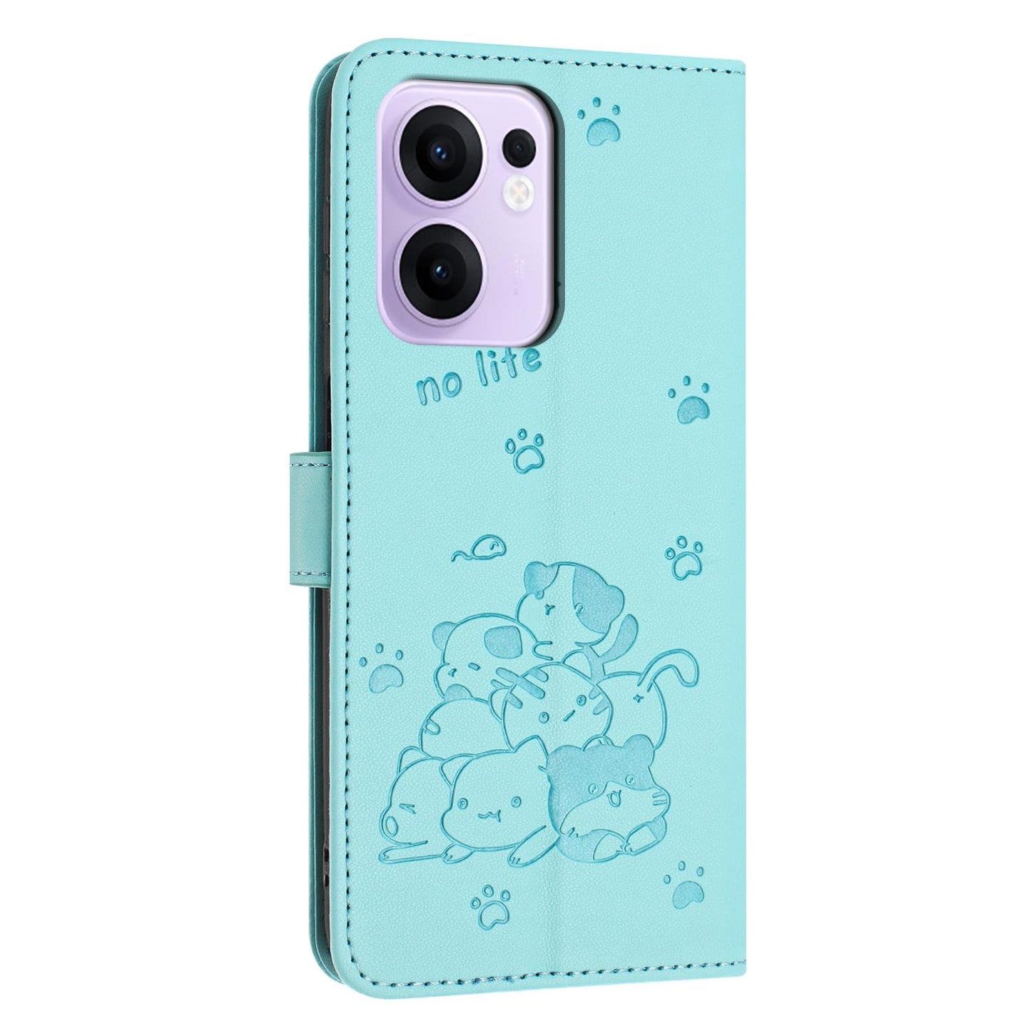 OPPO Reno13 F 5G Embossed Kitten PU Leather Wallet Case with Card Slots, Cash Pocket, Kickstand Function, Wrist Lanyard Strap, Full Protective TPU Flip Cover