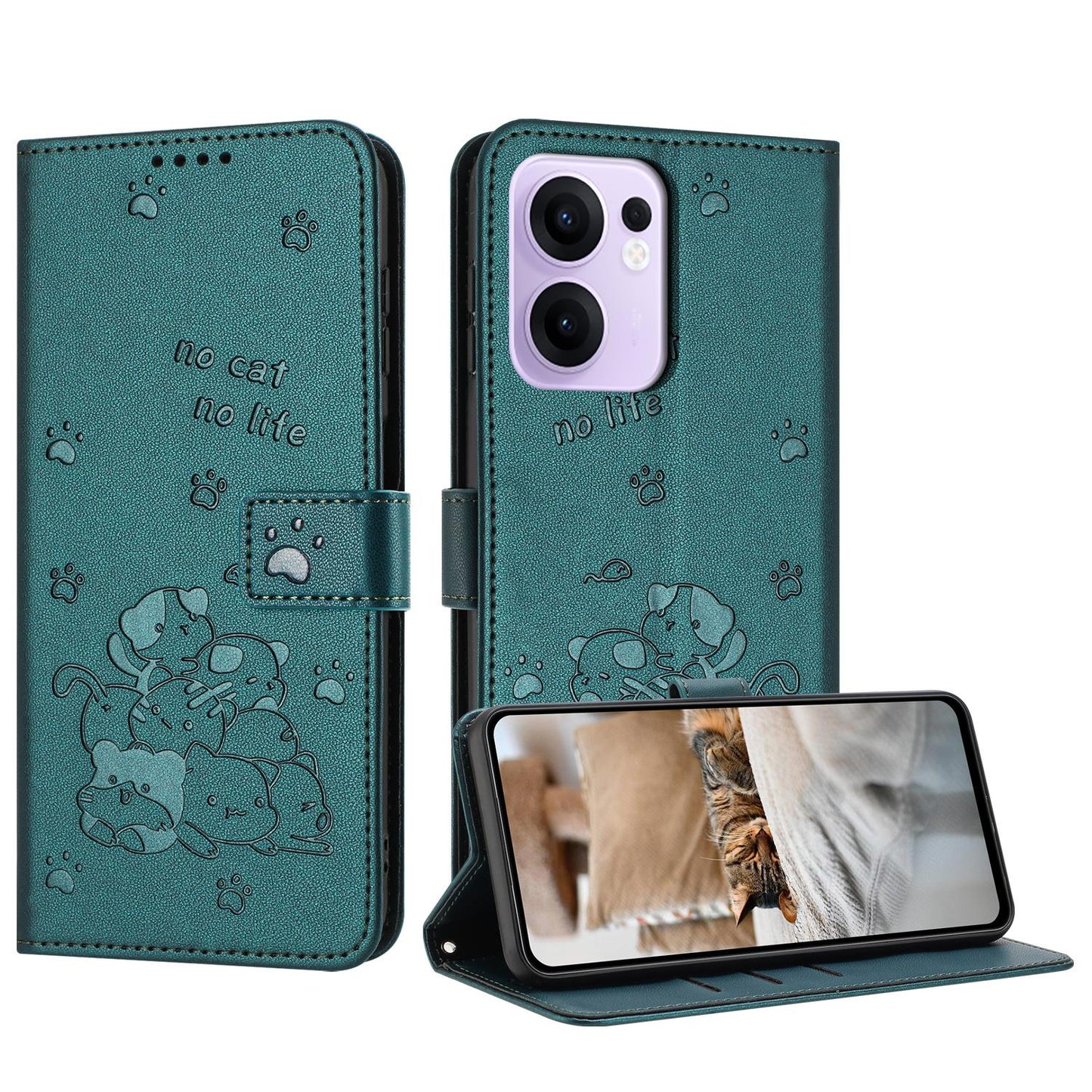OPPO Reno13 F 5G Embossed Kitten PU Leather Wallet Case with Card Slots, Cash Pocket, Kickstand Function, Wrist Lanyard Strap, Full Protective TPU Flip Cover