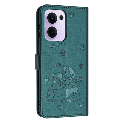 OPPO Reno13 F 5G Embossed Kitten PU Leather Wallet Case with Card Slots, Cash Pocket, Kickstand Function, Wrist Lanyard Strap, Full Protective TPU Flip Cover