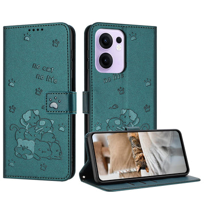 OPPO Reno13 F 4G Embossed Kitten PU Leather Wallet Case with Card Slots, Cash Pocket, Kickstand Function, Wrist Lanyard Strap, Full Protective TPU Flip Cover