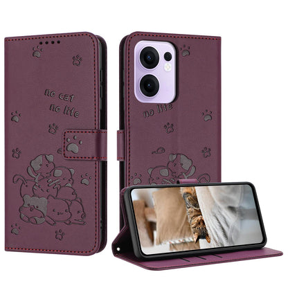 OPPO Reno13 F 5G Embossed Kitten PU Leather Wallet Case with Card Slots, Cash Pocket, Kickstand Function, Wrist Lanyard Strap, Full Protective TPU Flip Cover
